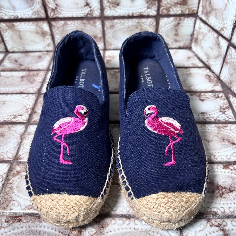 TALBOTS Women's Navy Canvas with Pink FLAMINGO Espadrilles Slip-On Sz 8M - Picture 2 of 7